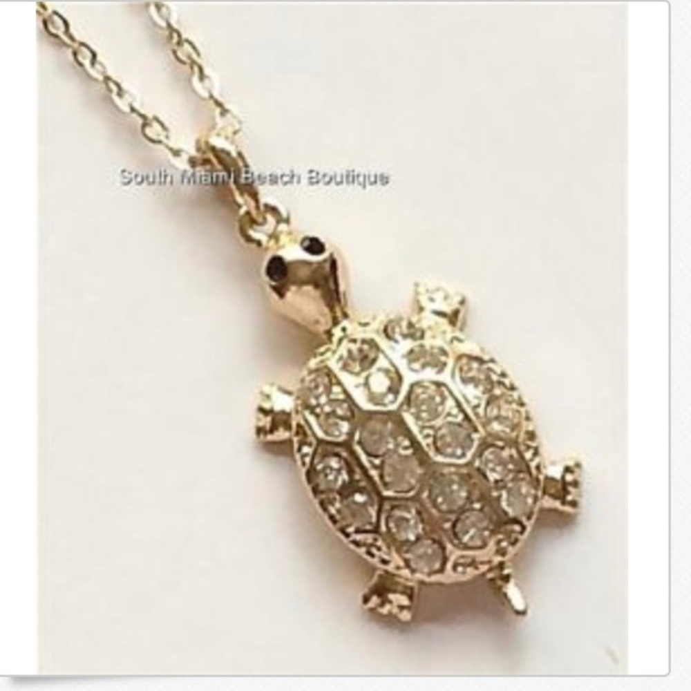 Gold Crystal Sea Turtle Necklace 18" Island Beach